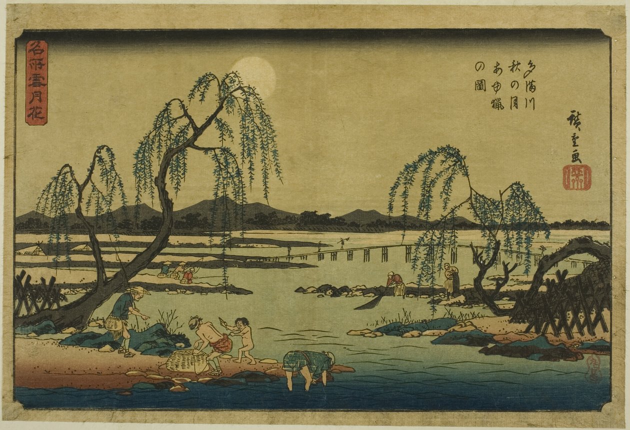 "Ünlü Yerlerde Kar, Ay ve Çiçekler (Meisho setugekka)" serisinden Sonbahar Ayı (Tamagawa aki no tsuki ayuryo no zu) altında Tama Nehri'nde Tatlı Balık Yakalamak by Utagawa Hiroshige