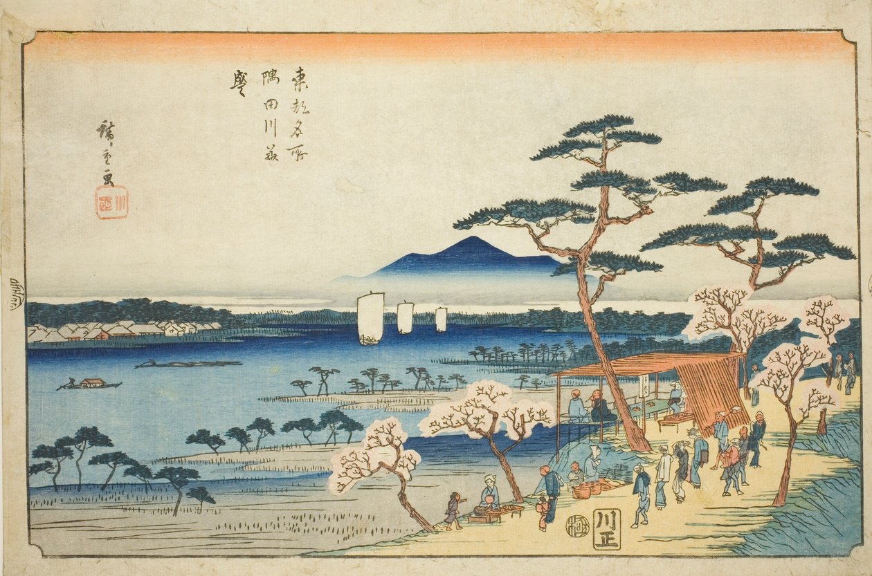 "Doğu Başkentindeki Ünlü Yerler (Toto meisho)" dizisinden Sumida Nehri (Sumidagawa hanazakari) boyunca Tam Çiçek Açan Kiraz Çiçekleri by Utagawa Hiroshige
