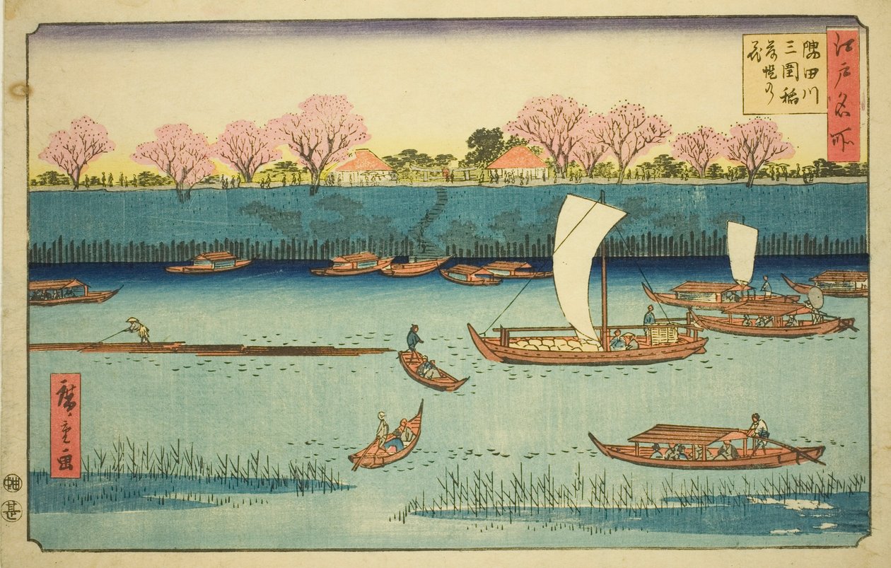 "Edo'daki Ünlü Yerler (Edo meisho)" serisinden Mimeguri Inari Tapınağı'ndaki (Sumidagawa Mimeguri Inari tsutsumi no hana) Sumida Nehri Dolgusu Boyunca Kiraz Ağaçları by Utagawa Hiroshige