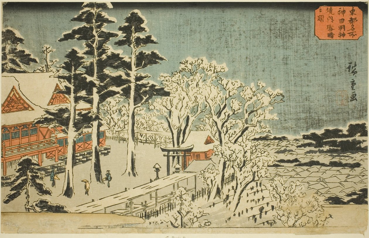 "Doğu Başkentinin Ünlü Yerleri (Toto meisho)" serisinden Kanda Myojin Tapınağı (Kanda Myojin keidai yukibare no zu) Bölgelerinde Kar Yağışından Sonra Açık Hava by Utagawa Hiroshige