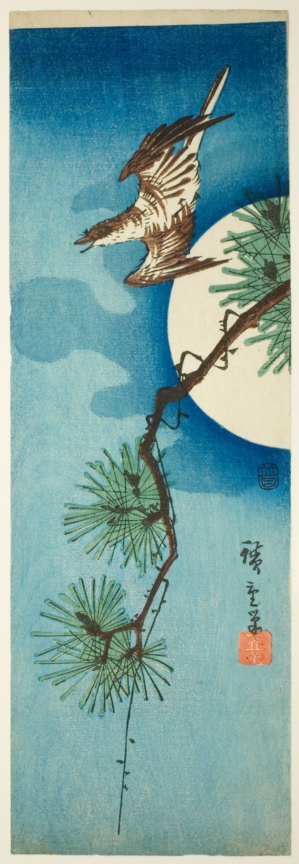 Guguk kuşu, çam dalı ve dolunay by Utagawa Hiroshige
