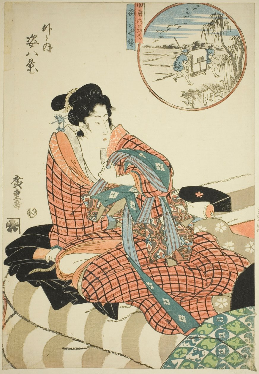 Pirinç Tarlalarında Azalan Kazlar (Tanbo no rakugan) ve Ertesi Sabah Akşam Çanı (Kinuginu no bansho), "İç ve Dış Figürlerin Sekiz Görünümü (Soto to uchi sugata hakkei)" serisinden by Utagawa Hiroshige