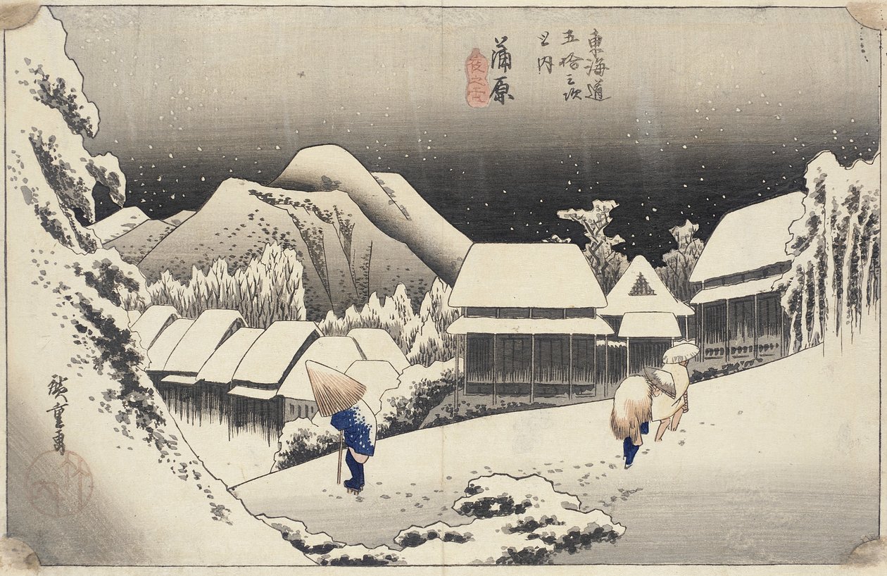 Evening Snow at Kanbara from the series 53 Stations of the Tokaido, c.1833-4 (colour woodblock print) by Utagawa Hiroshige