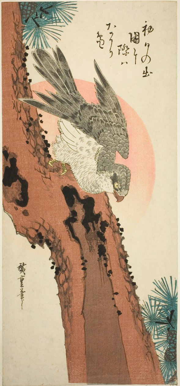 Doğan Güneş ile Çam Ağacında Şahin by Utagawa Hiroshige