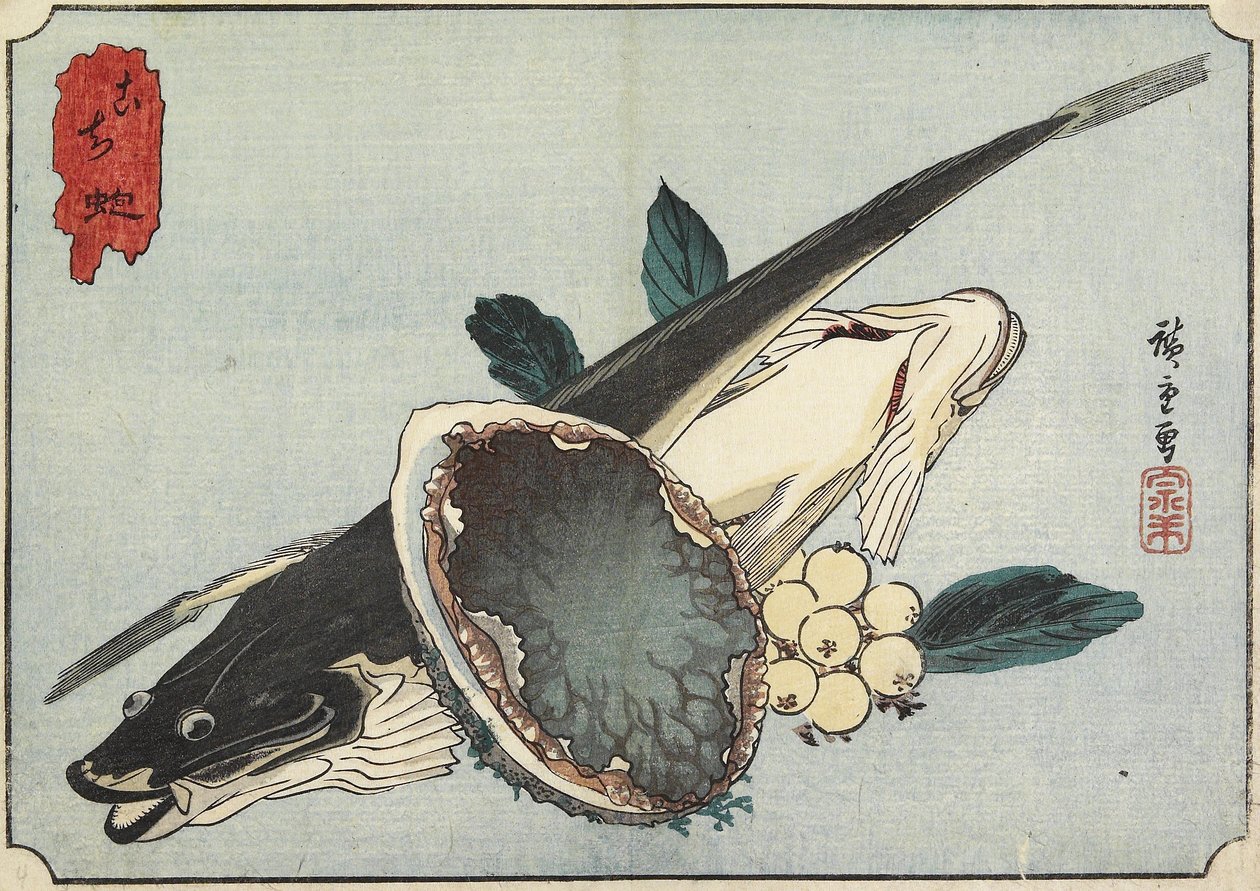 Flathead ve Abalone, 19. yüzyılın başlarında by Utagawa Hiroshige
