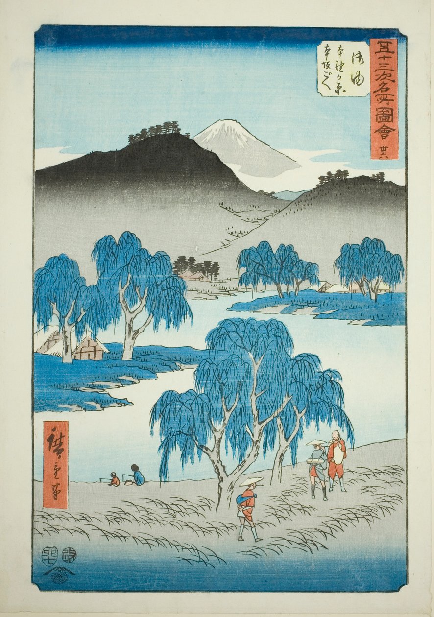 Goyu: Motono Ovası ve Motosaka Geçidi (Goyu, Motonogahara Motozaka goe), "Elli Üç İstasyonun Ünlü Manzaraları (Gojusan tsugi meisho zue)" serisinden no. 36, Dikey Tokaido olarak da bilinir by Utagawa Hiroshige