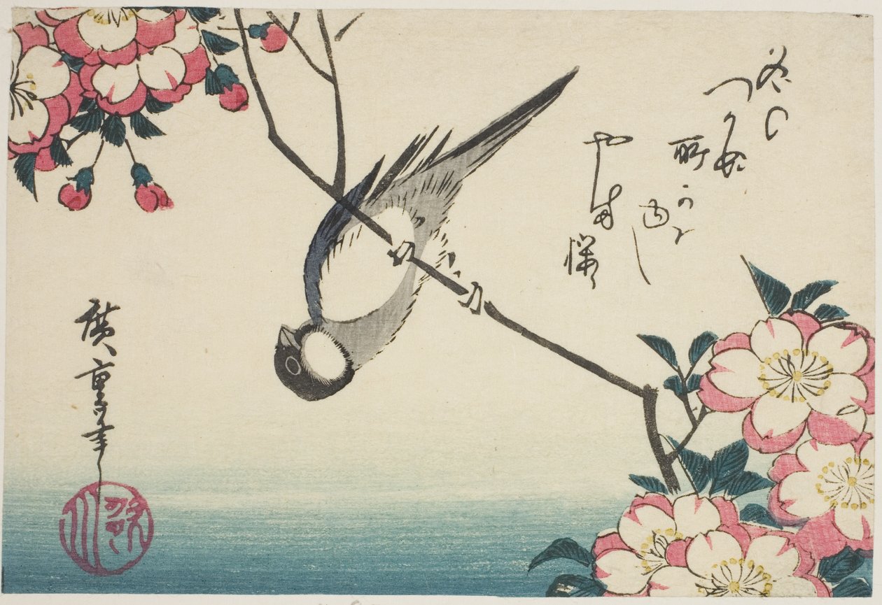 Kiraz çiçeği dalında büyük baştankara by Utagawa Hiroshige
