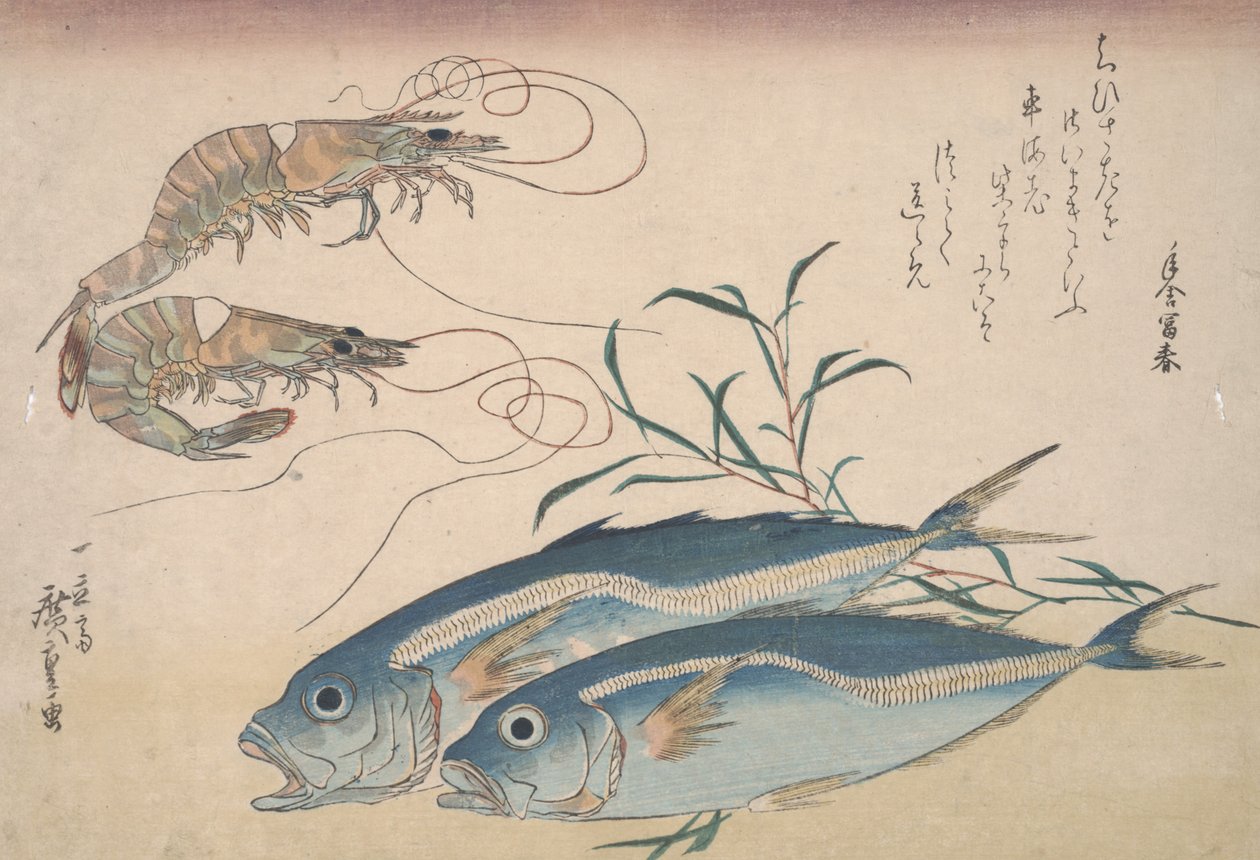 Horse Mackerel, Freshwater Prawns, and Seaweed, c.1832  by Utagawa Hiroshige