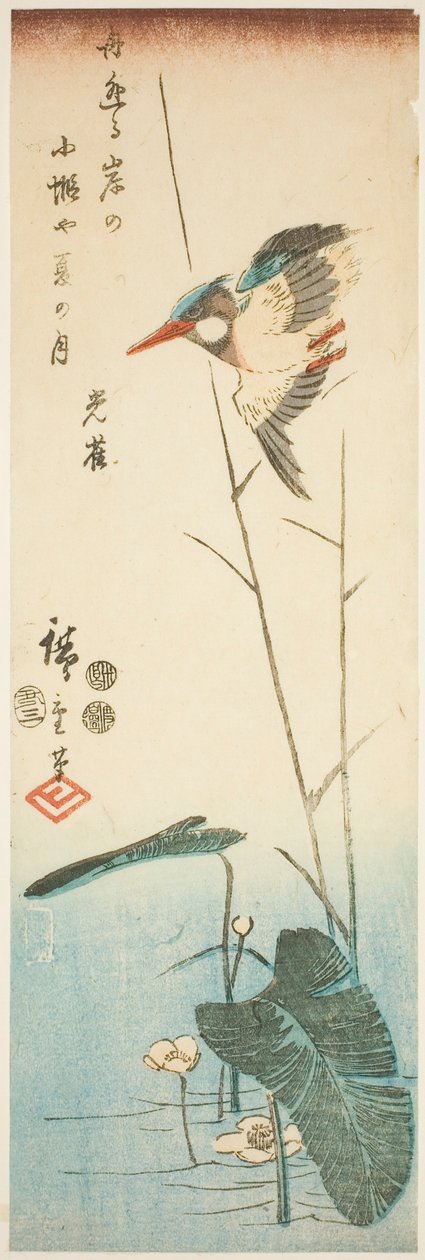 Sarı çiçekli bir su bitkisinin üzerinde yalıçapkını by Utagawa Hiroshige