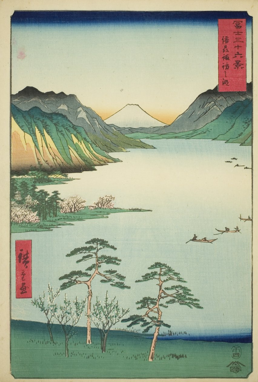 Shinano Eyaletindeki Suwa Gölü (Shinshu Suwa no mizuumi), "Fuji Dağı'nın Otuz Altı Manzarası (Fuji sanjurokkei)" serisinden by Utagawa Hiroshige
