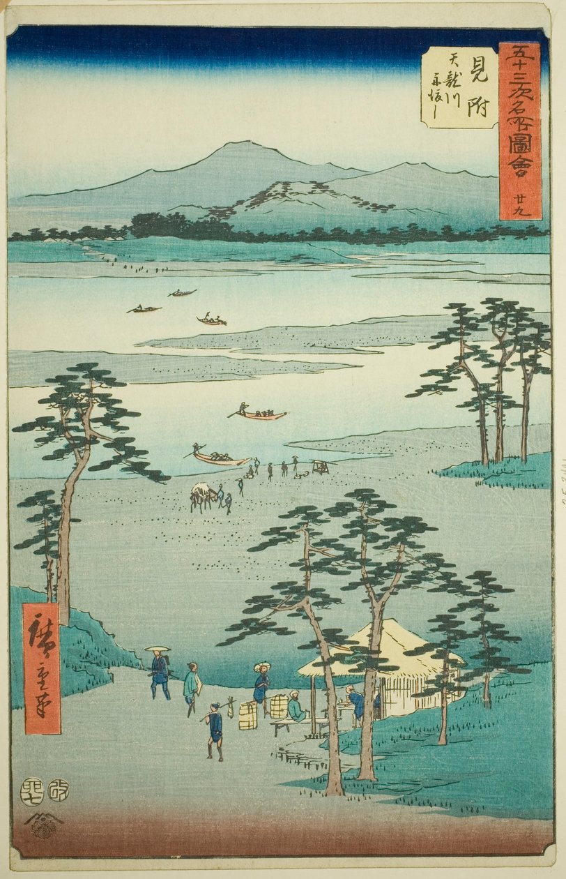 Mitsuke: Tenryu Nehri üzerindeki Feribot (Mitsuke, Tenryugawa funewatashi), "Elli Üç İstasyonun Ünlü Manzaraları (Gojusan tsugi meisho zue)" serisinden no. 29, Dikey Tokaido olarak da bilinir by Utagawa Hiroshige