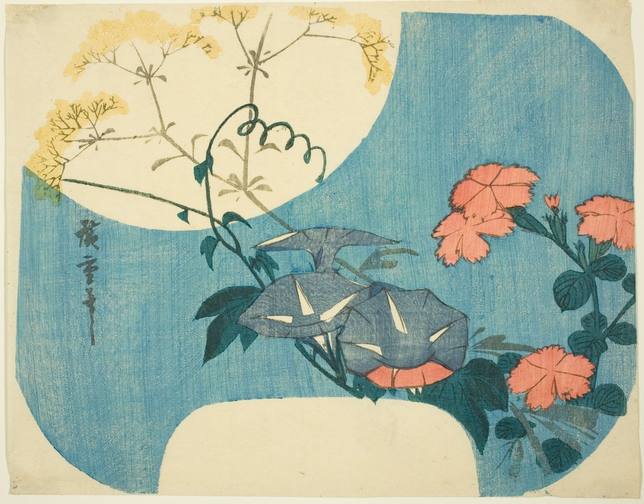 "Ay Işığında Yedi Sonbahar Çiçeği" serisinden Sabah Zaferleri, Pembeler ve Kızlık Çiçeği by Utagawa Hiroshige