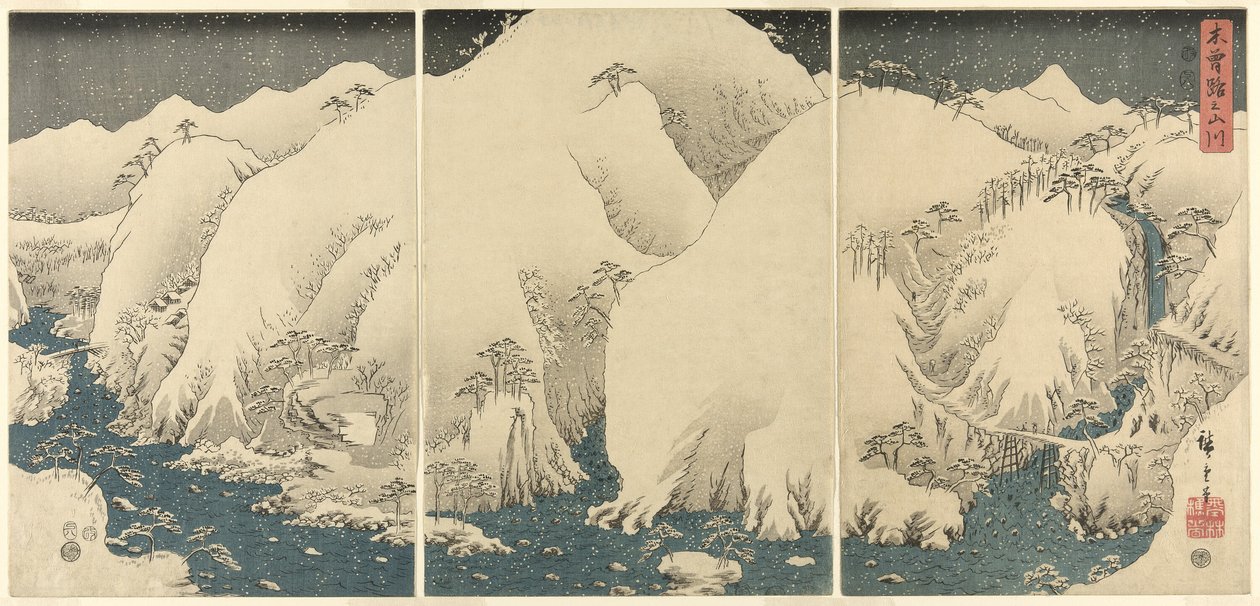 Kiso Yolu üzerindeki Dağlar ve Nehirler (Kisoji no yamakawa), isimsiz bir dizi triptikten by Utagawa Hiroshige