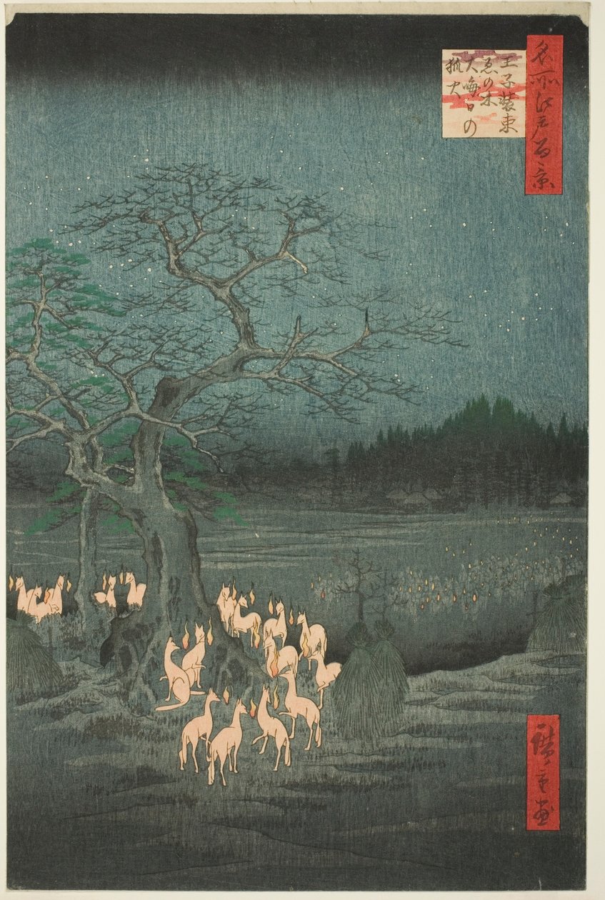 Yılbaşı Gecesi Tilkisi Değişen Ağaçta Ateş Ediyor (Ōji shozoku enoki omisoka no kitsunebi), Edo'nun Yüz Ünlü Manzarası (Meisho Edo hyakkei) dizisinden by Utagawa Hiroshige