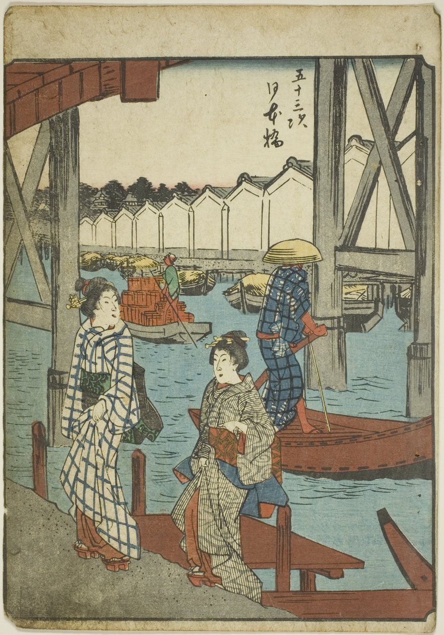 Japan Bri dge (Nihonbashi), serinin kentsel derecesinin "ellinci lee S tachi sesi" nden "(ana dağın yanında)," kaba bir k w s te Şekil Kent Derecesi (Kişi Kent Derecesi) by Utagawa Hiroshige