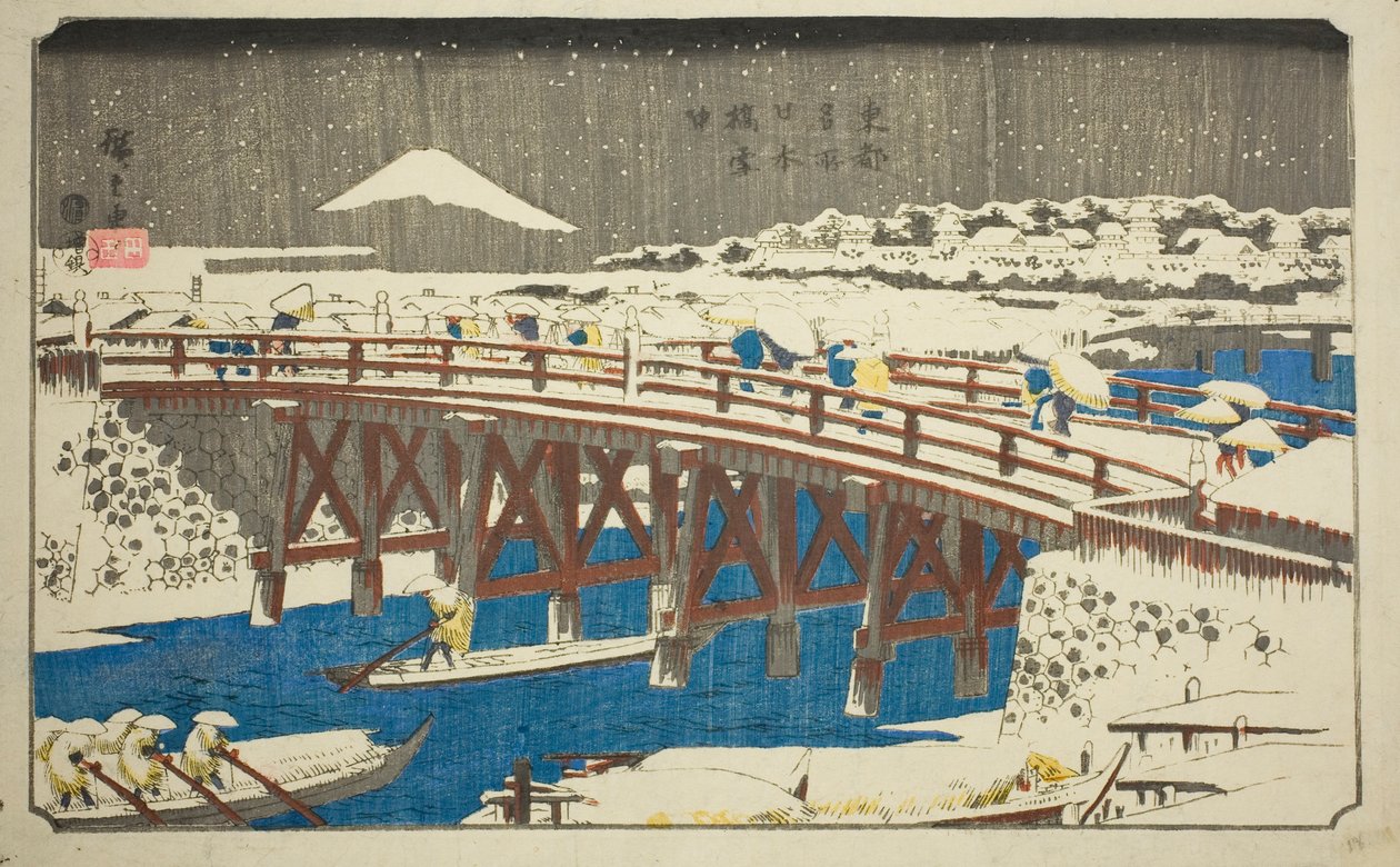 Karda Nihon Köprüsü (Nihonbashi setchu), "Doğu Başkentindeki Ünlü Yerler (Toto meisho)" dizisinden by Utagawa Hiroshige