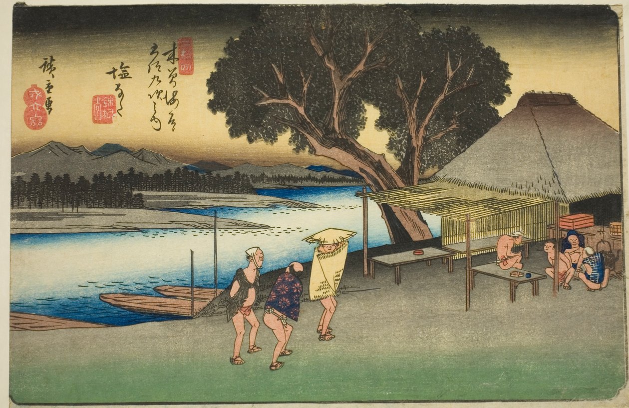 ile ilgili. 24: Shionata, serinin "xty-dokuz S Tachion s of te kissokaido (Kisokaidorokujukyu yandaki ev)" dizisinden by Utagawa Hiroshige