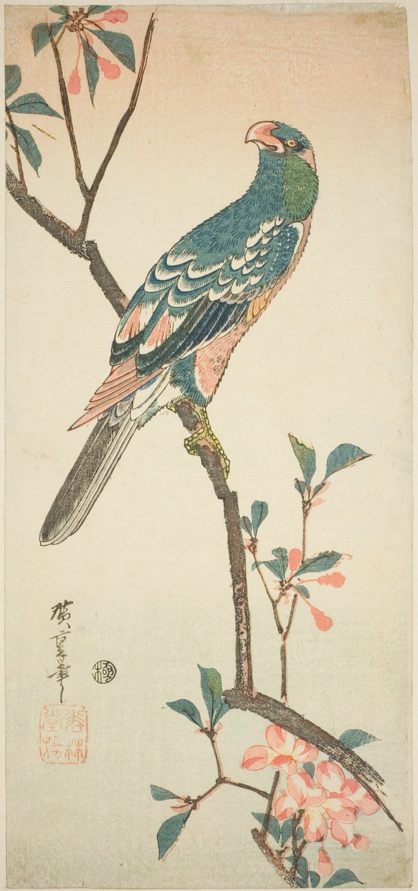 Papağan çiçek açan bir dalda by Utagawa Hiroshige
