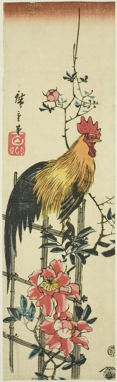 Gül kafes üzerinde tünemiş horoz by Utagawa Hiroshige