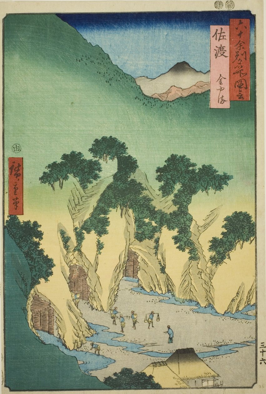 Sado Eyaleti: Altın Madenleri (Sado, Kinzan), "Altmış Tek İldeki Ünlü Yerler (Rokujuyoshu meisho zue)" dizisinden by Utagawa Hiroshige