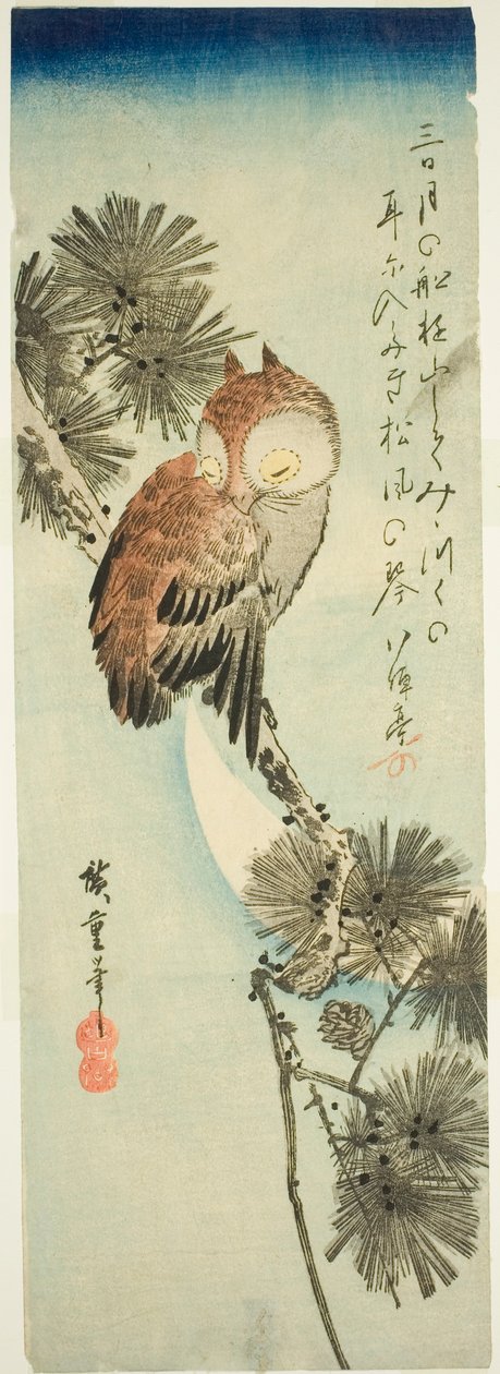 Küçük boynuzlu baykuş, çam ve hilal by Utagawa Hiroshige