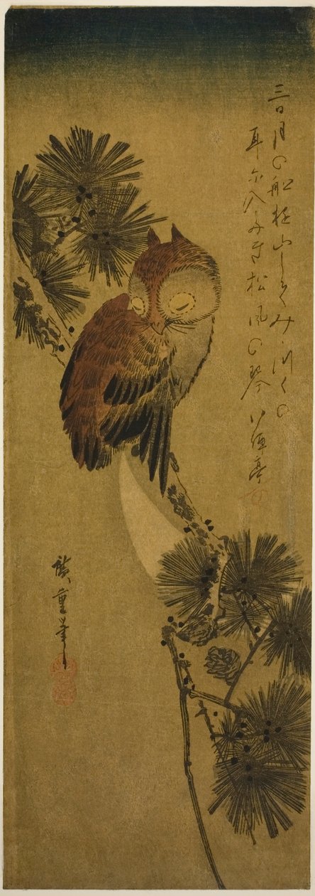 Küçük boynuzlu baykuş, çam ve hilal by Utagawa Hiroshige