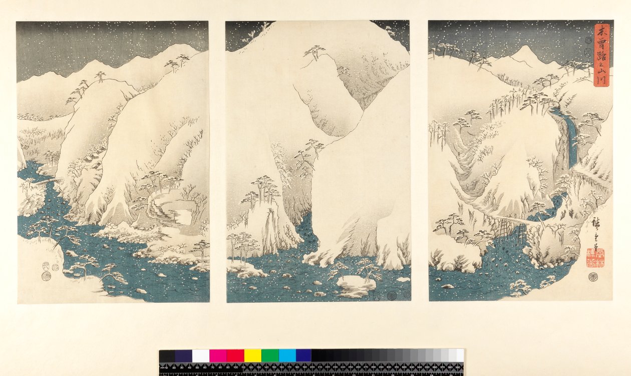 Kiso dağlarında ve nehirlerinde kar fırtınası, (sanmaitsuzuki - triptik, yoko-e - yatay format, renkli tahta baskı) by Utagawa Hiroshige