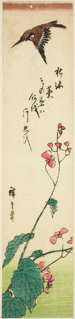 Begonyaların üzerinde uçan serçe by Utagawa Hiroshige