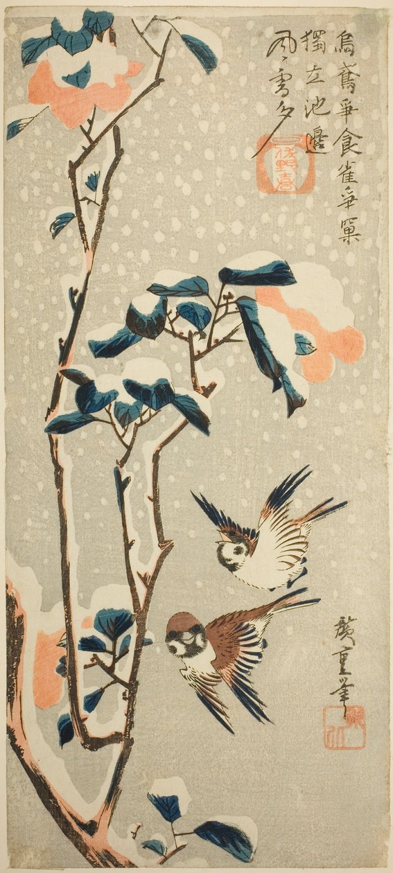 Karda Serçeler ve Kamelya by Utagawa Hiroshige