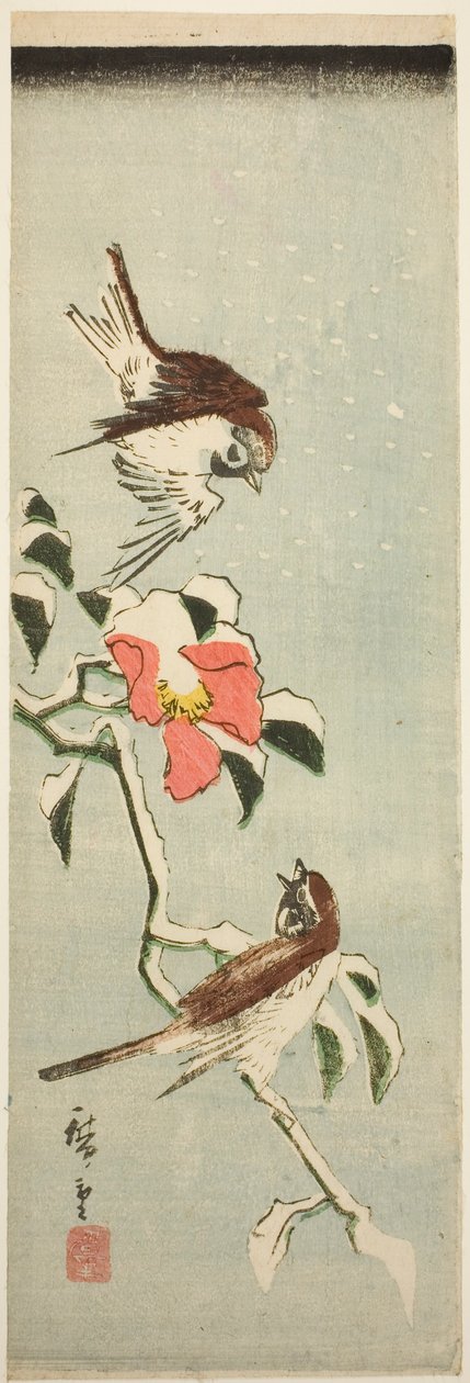 Karda serçeler ve kamelya by Utagawa Hiroshige