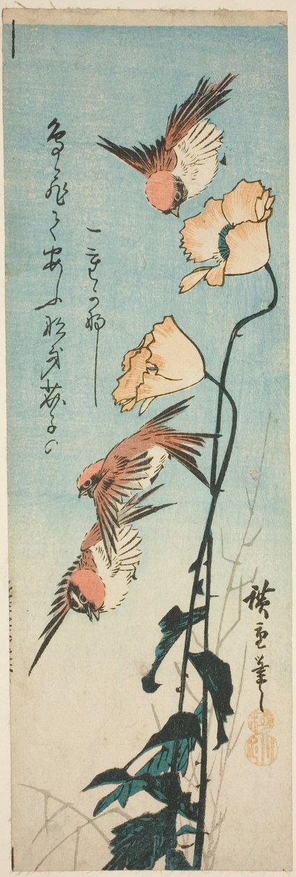 Serçeler ve haşhaşlar by Utagawa Hiroshige