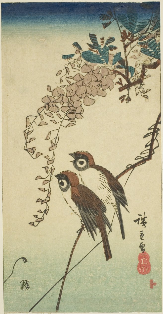 Serçeler ve wisteria by Utagawa Hiroshige