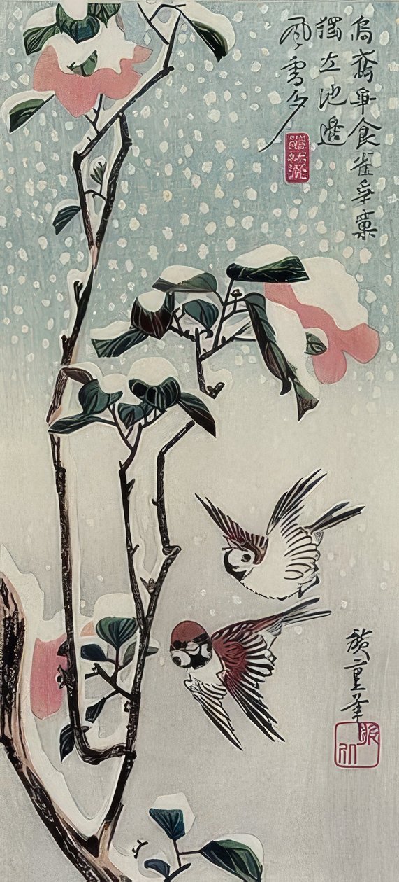 Karda serçeler ve kamelyalar by Utagawa Hiroshige