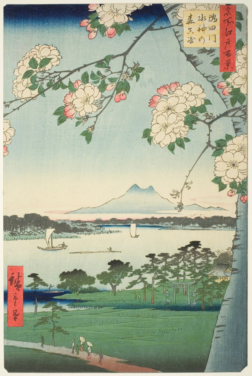 Sumida Nehri üzerindeki Suijin Tapınağı ve Massaki (Sumidagawa Suijin no mori Massaki), "Edo'nun Yüz Ünlü Manzarası (Meisho Edo hyakkei)" serisinden by Utagawa Hiroshige