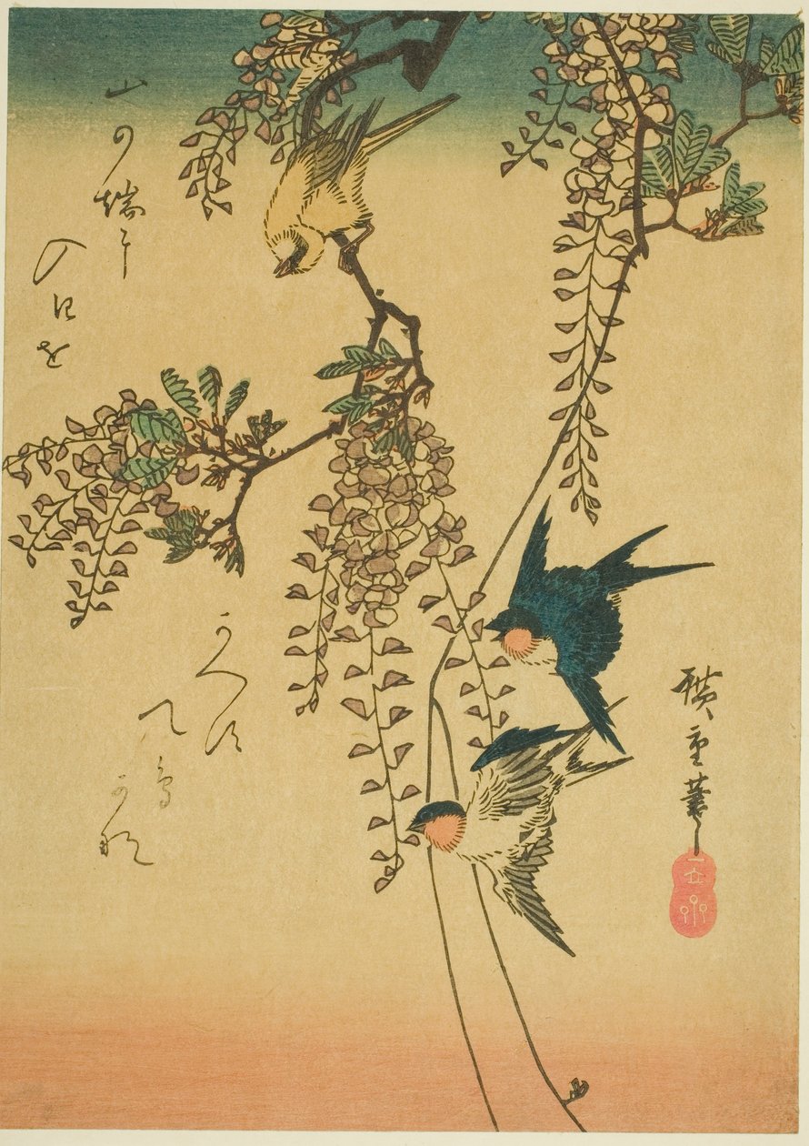 Kırlangıç, sarı kuş ve wisteria by Utagawa Hiroshige