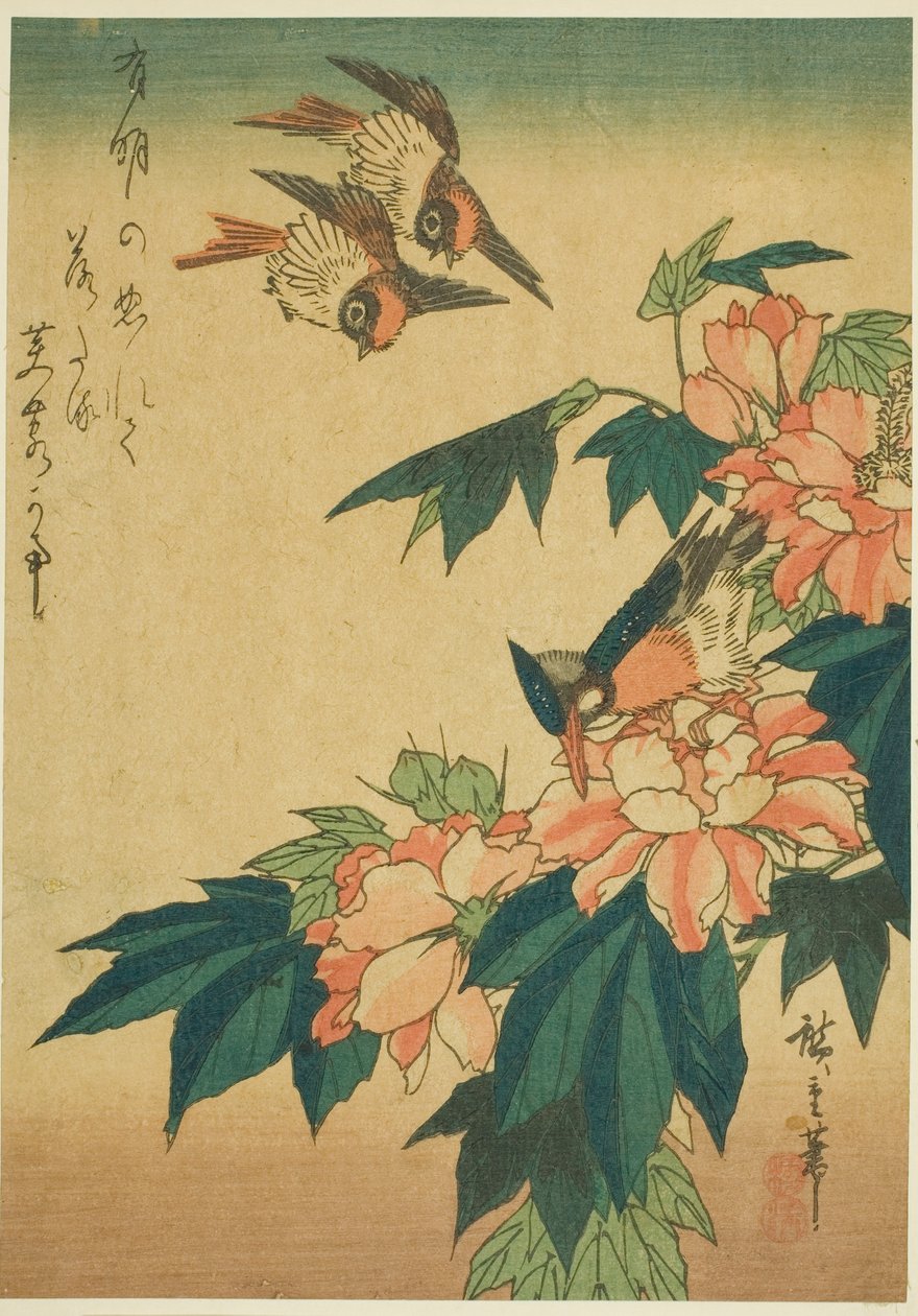 Kırlangıçlar, yalıçapkını ve ebegümeci by Utagawa Hiroshige