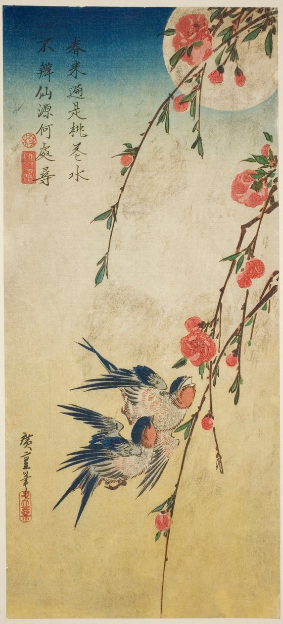 Kırlangıçlar, piliç çiçekleri ve dolunay by Utagawa Hiroshige