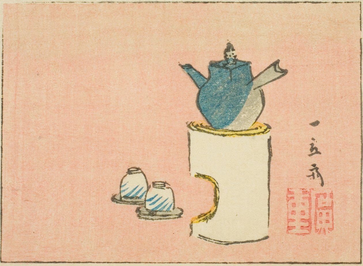 Çaydanlık ve fincanlar, bir dizi isimsiz harimaze baskısından bir sayfanın bölümü by Utagawa Hiroshige