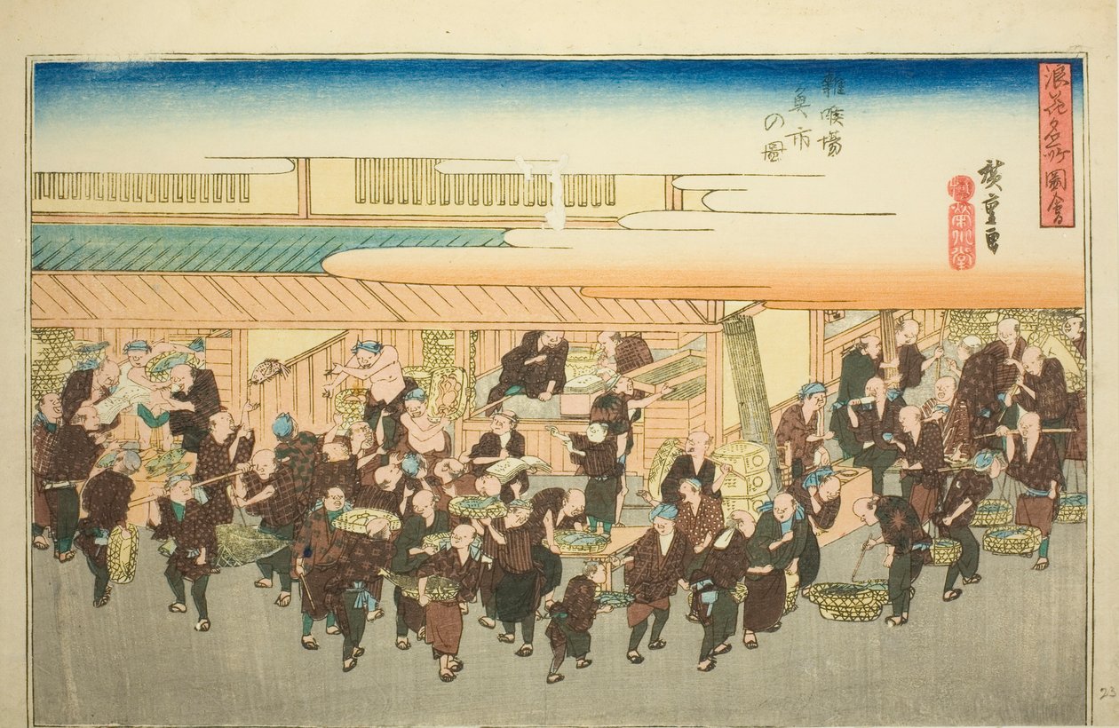 Zakoba'daki Balık Pazarı (Zakoba uoichi no zu), "Osaka'nın Ünlü Manzaraları (Naniwa meisho zue)" dizisinden by Utagawa Hiroshige