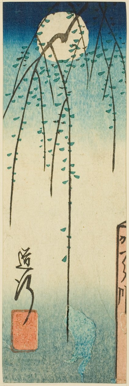 Ohan ve Choemon (Michiyuki, Ohan Choemon) oyunundan Michiyuki Sahnesi, "Dramaların Kesiklerdeki Yansımaları (Harimaze joruri kagami)" serisinden bir sayfanın bölümü by Utagawa Hiroshige