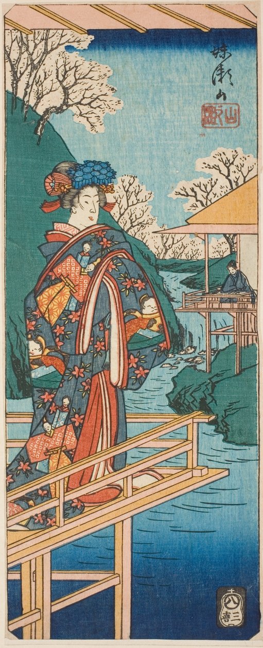 Imoseyama (Imoseyama, yama no dan) oyunundan Dağ Sahnesi, "Dramaların Kesiklerdeki Yansımaları (Harimaze joruri kagami)" serisinden bir sayfanın bölümü by Utagawa Hiroshige