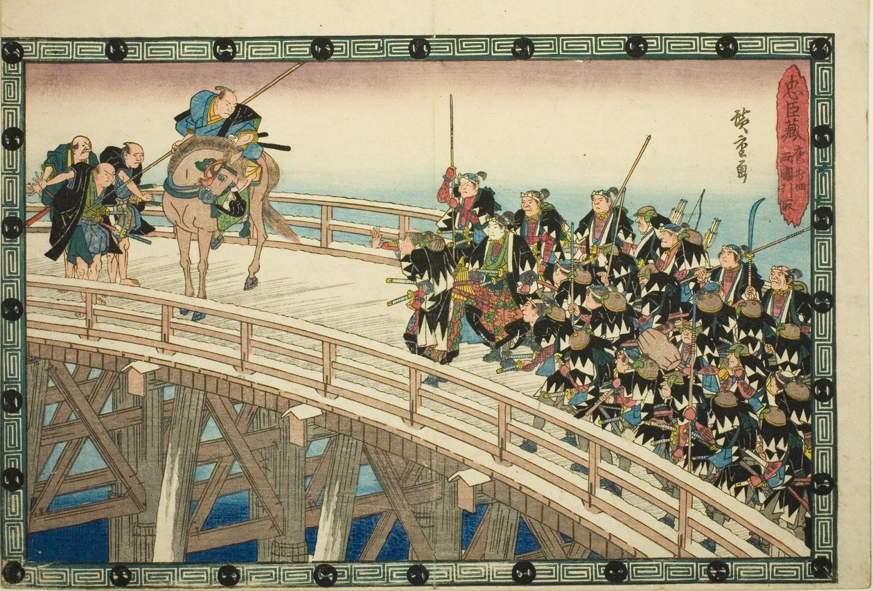 Gece Saldırısı, Bölüm 4 [sic; aslında 5]: "Sadık Hizmetlilerin İntikamı (Chushingura)" dizisinden Ryogoku Köprüsü (Youchi yon, Ryogoku hikitori) karşısındaki Retreat by Utagawa Hiroshige