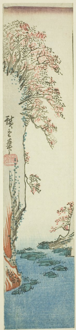 Bir nehrin üzerindeki bir uçurumdaki ağaçlar by Utagawa Hiroshige