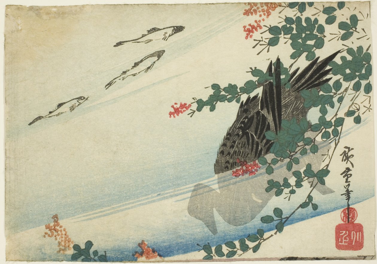 Alabalık, ördek ve çalı yonca by Utagawa Hiroshige