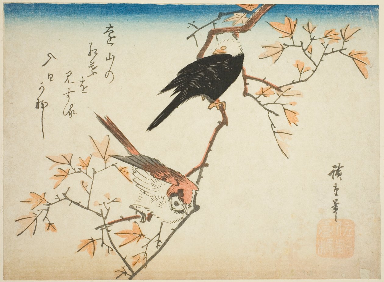 Akçaağaç dalı üzerinde iki kuş by Utagawa Hiroshige