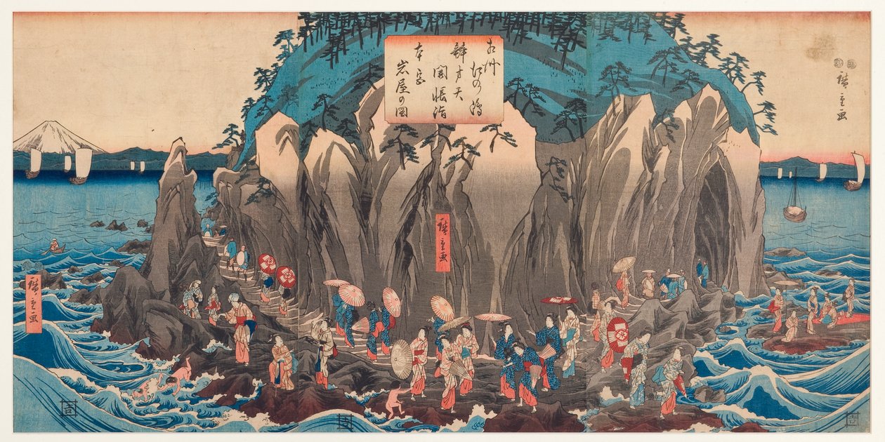 Enoshima, Sagami, c.1850-51 (tahta blok) Benzaiten Mağarası ve Mabedi