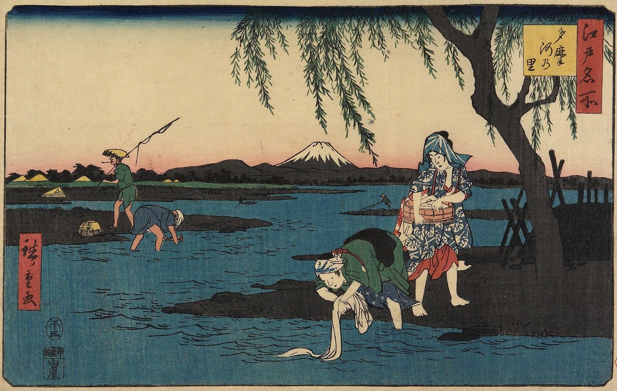 Tamagawa Nehri kıyısındaki köy, Mart 1858 by Utagawa Hiroshige