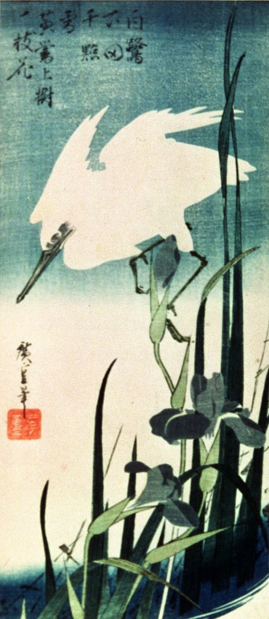 Beyaz Balıkçıl ve İris (renkli gravür) by Utagawa Hiroshige