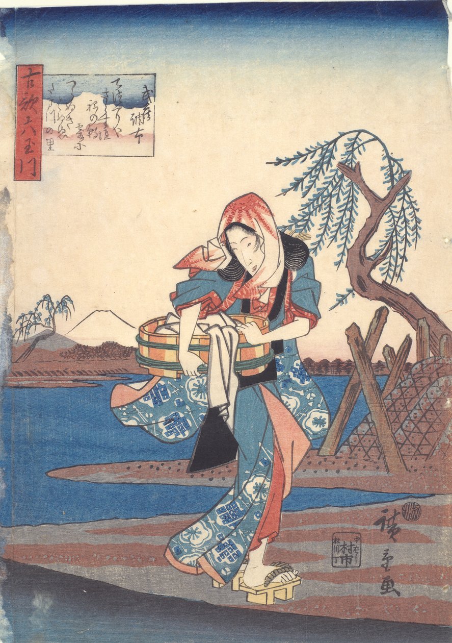 Chofu Nehri kıyısında çamaşır yıkayan kadın: Altı Tama Nehri by Utagawa Hiroshige