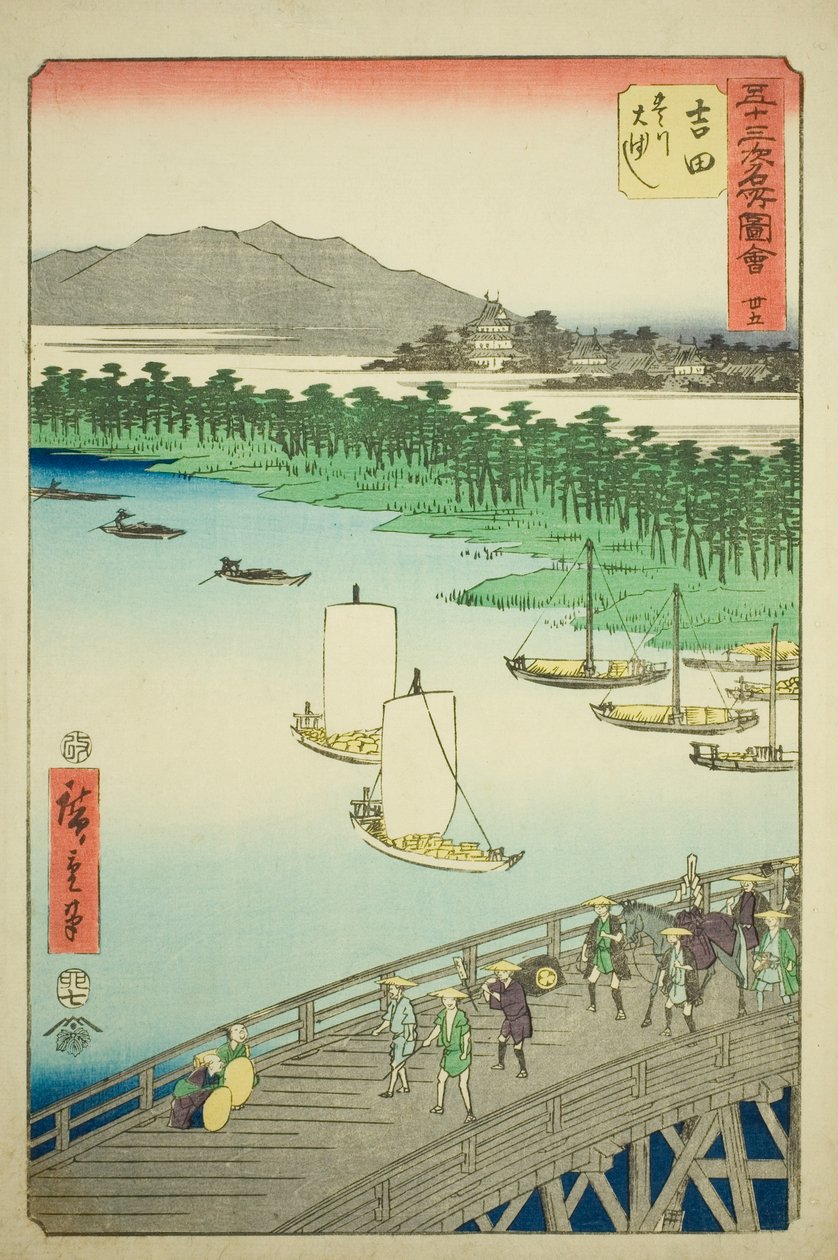 Yoshida: Toyo Nehri üzerindeki Büyük Köprü (Yoshida, Toyokawa ohashi), no. Dikey Tokaido olarak da bilinen "Elli Üç İstasyonun Ünlü Manzaraları (Gojusan tsugi meisho zue)" serisinden 35 by Utagawa Hiroshige